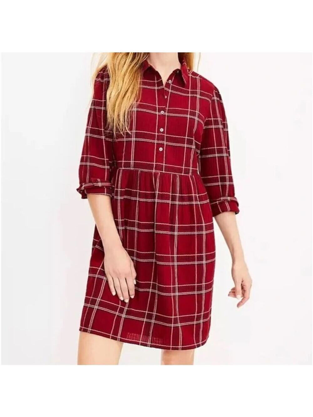 Loft NWT Women's Red Plaid Swing Shirt Dress Size M